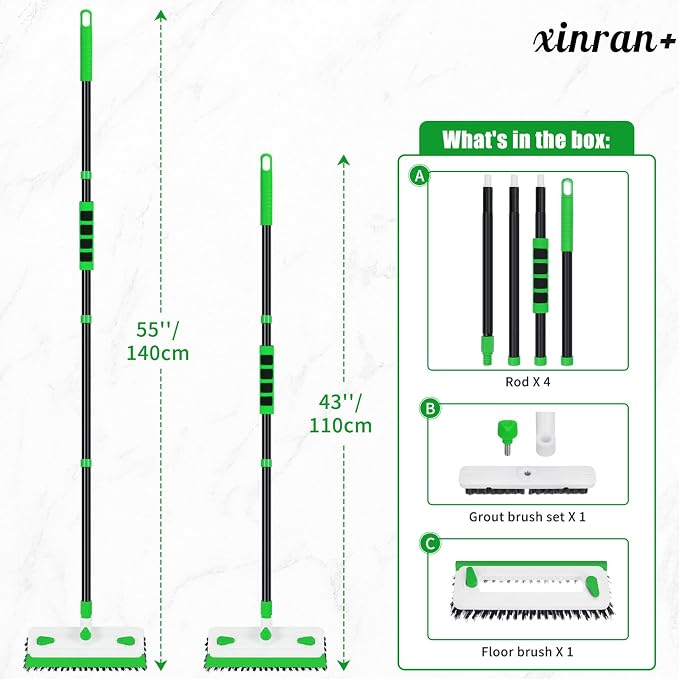 Floor Scrub Brush with Long Handle, 3-in-1 Scrape Scrubber Brush with Squeegee Stiff Bristle Deck Brush for Cleaning Tile Bathroom Patio Deck Garage Grout Kitchen