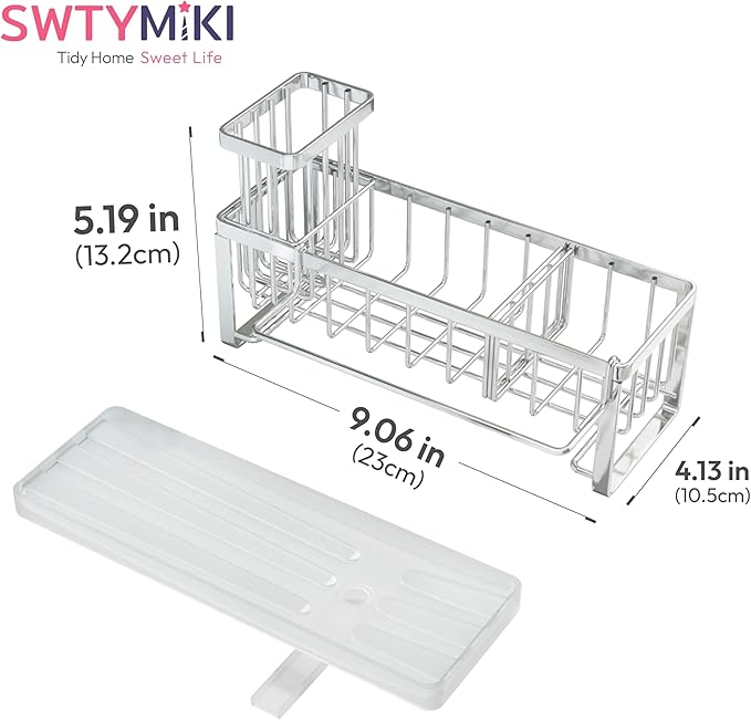 SWTYMIKI Sponge Holder for Kitchen Sink - Sink Caddy with Brush Holder Self-draining Sponge Caddy Organizer with Divider Stainless Steel Kitchen Accessories Storage for Countertop, Silver