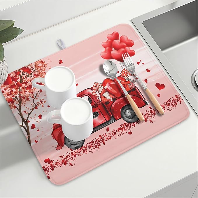 Valentine's Day Dish Drying Mats for Kitchen Counter, Happy Valentine's Day Dish Mat Absorbent Reversible Microfiber Dish Drying Pad Love Kitche Mat Dish Drainer Rack Mats for Coffee Bar 18"x24"