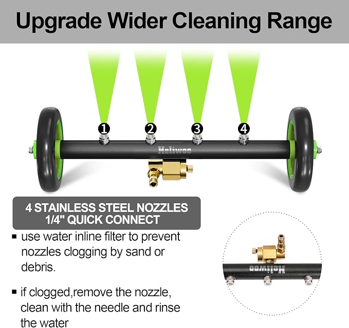 Undercarriage Pressure Washer Attachment 16 inch, Water Broom 4000 PSI | Heliwoo Dual Function Power Washer Surface Cleaner with 4 Nozzles & 3pcs 1/4’’ QC Extension Wand for Chassis Driveway Yard