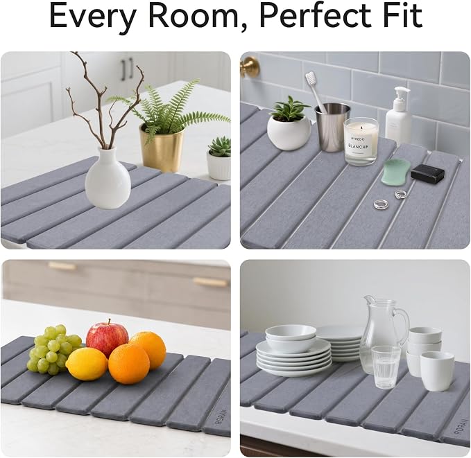 Stone Drying Mat for Kitchen Counter, 24"(L)×16"(W), Drying Matt Kitchen Counter, Quick Dry Stone Dishes Mats, Foldable Diatomaceous Earth Mat (Pure Gray)