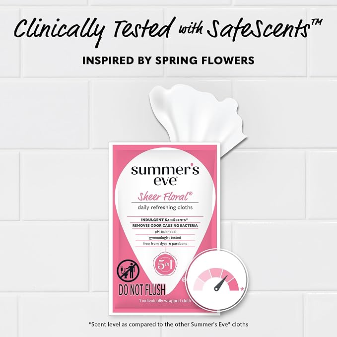 Summer's Eve Sheer Floral Feminine Wipes, Gentle pH-Balanced Formula Helps Control Vaginal Odor, Individually Wrapped Wipes, 12 Count (Pack of 5)