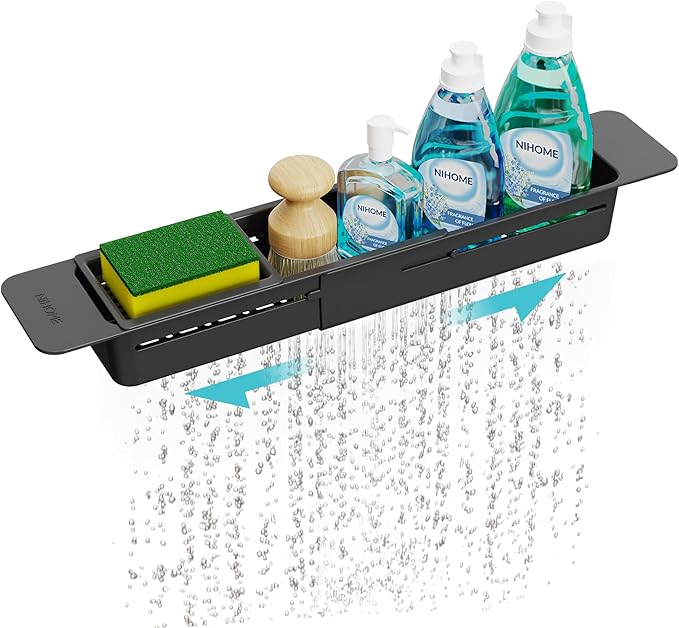 NiHome Extendable Sink Kitchen Organizer, Extra Long Telescopic Brush Storage Rack for Sponge, Non-Slip Pads Expandable Sink Caddy, Adjustable Sponge/Brush Rack with Drainage Durable ABS (Black)