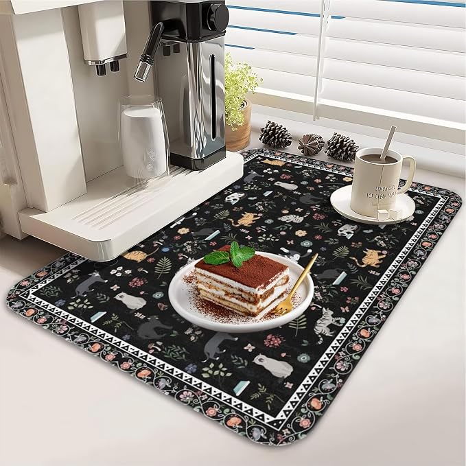 Dish Drying Mat 2-Pack in Vintage Cat Floral for Kitchen Counter Dishes Mat | Diatom Mud Mats (18x24, 19.5x12"). Non-slip rubber back for kitchen counter, coffee bar & sink scenes