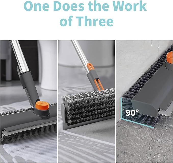 AIR U+ Floor Scrub Brush with Long Handle, 3-in-1 Rotating Head & Squeegee | Stiff Dual-Sided Bristles for Shower, Bathroom, Kitchen and Patio, 30–50 In Handle for Easier Stand-up Cleaning, Gray