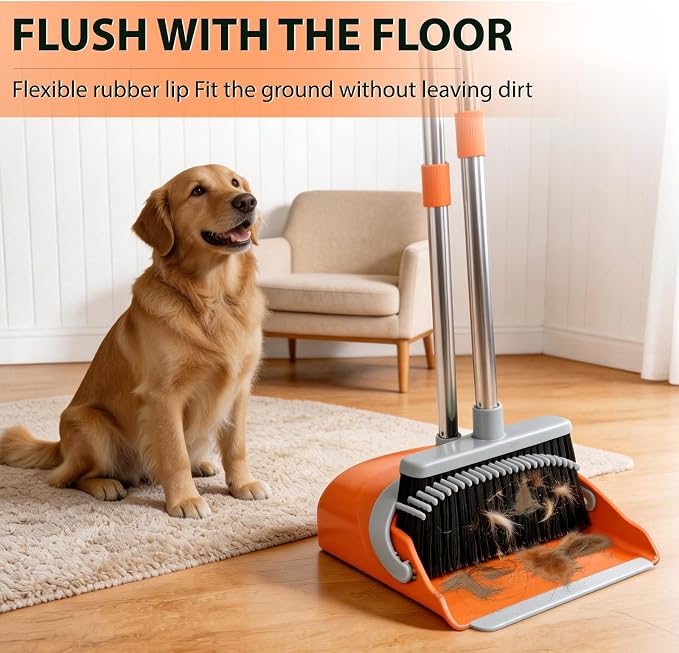 YZO Broom with Dustpan Combo Set, 54.33 Inch Long Handle Standing Design, Dustpan Front Rubber Tight Seal, Broom with 5 Layer Bristles, Suitable for Living Room, Yard, Office and Apartment (Orange)