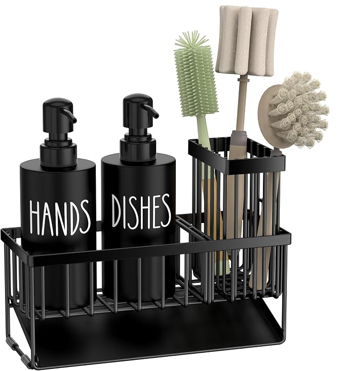 MASADI Kitchen Dish Soap Dispenser Set with Sponge Holder, 12OZ Glass Bottle, Hand and Dish Soap Dispenser Set, Non-Slip Silicone Pad, Brush Holder, Kitchen Sink Organizer Countertop (Black)