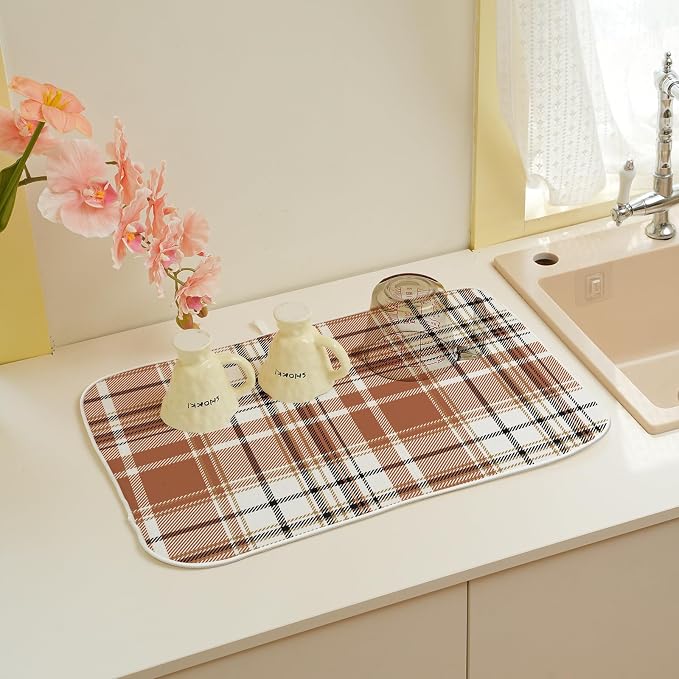 Fall Checkered Dish Drying Mats 18x24 Inch Autumn Burnt Brown Grey Buffalo Plaid Drying Mats Holiday Thanksgiving Dish Drying Pad Dish Rack Drainer Mats for Kitchen Dining Room Counter Decor