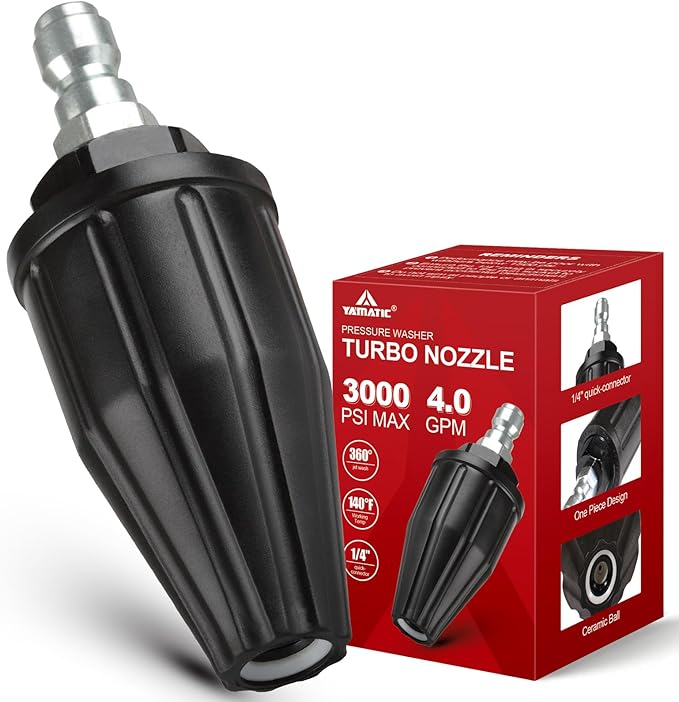 YAMATIC Pressure Washer Turbo Nozzle, 3000 PSI 4.0 GPM | 1/4" Quick Connector, 360° Rotating Spray Tips, Compatible with Ryobi, Greenworks, Craftsman, Troybilt, Simpson