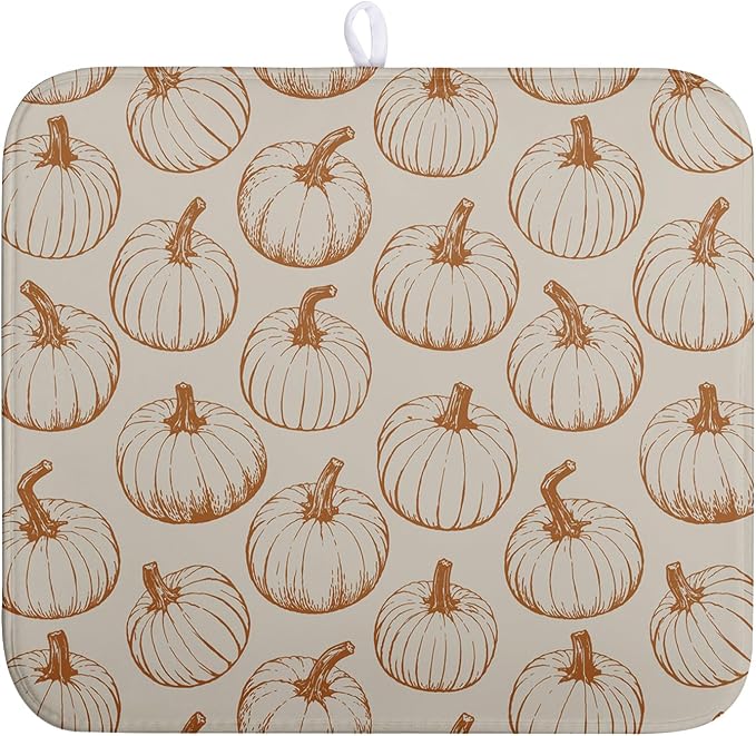 Fall Pumpkin Dish Drying Mat for Kitchen Counter Burnt Orange Autumn Thanksgiving Dish Mat Absorbent Microfiber Kitchen Countertop Protector Dishes Drying Pad Medium Drying Mats 16x18 Inch