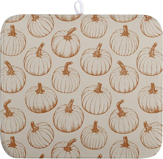 Fall Pumpkin Dish Drying Mat for Kitchen Counter Burnt Orange Autumn Thanksgiving Dish Mat Absorbent Microfiber Kitchen Countertop Protector Dishes Drying Pad Medium Drying Mats 16x18 Inch