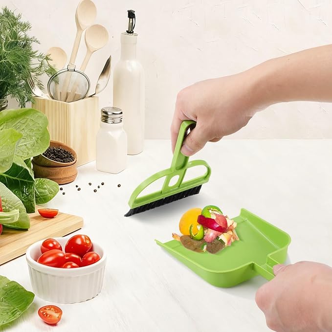 SEWACC 6 Sets Mini Broom and Dustpan Set, Small Brush and Shovel Combination for Desktop Cleaning, Home Office Use, Green Plastic