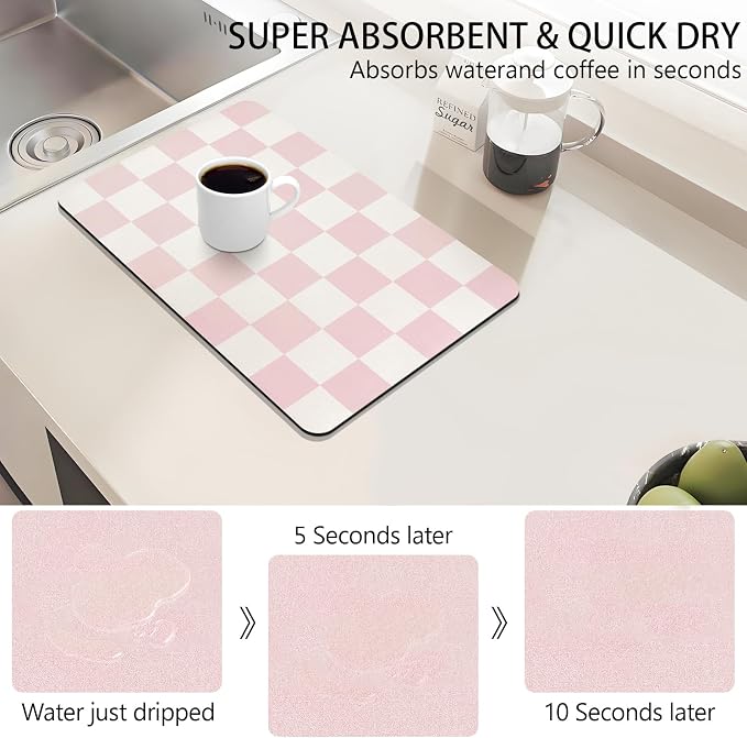 Dish Drying Mat for Kitchen Counter,12"x 19" Super Absorbent Kitchen Dish Drying Pad, Heat Resistant Drainer Mats with Non-slip Rubber Backed, Pink Checkered Coffee Bar Station Accessories