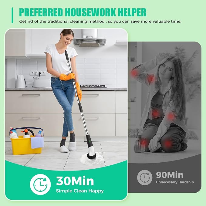 YKYI Electric Spin Scrubber, Cordless Power Scrubber Cleaning Tool with 8 Replaceable Heads and Extension Handle for Bathroom, Tub, Tile, Floor, Grout and Car (White) | 8 Replaceable Heads, Extension Handle, For Bathroom, Tub, Tile, Floor, Grout and Car