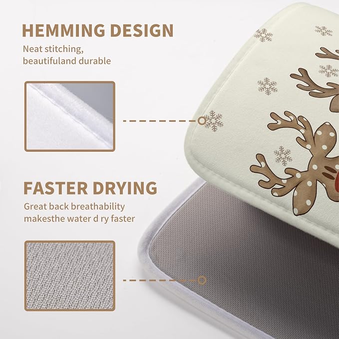 Christmas Reindeer Snowflakes Dish Drying Mat for Kitchen Counter 16x18 Inch Winter Xmas Holiday Drying Pads Microfiber Absorbent Dish Draining Mat Large Dish Drainer Rack Mat