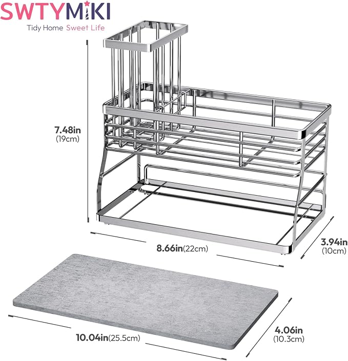 SWTYMIKI Kitchen Sink Caddy Organizer, 2 Tier Sponge Holder for Kitchen Sink with Instant Drying Stone, Removable Brush Holder for Fast Drying on Countertop, Silver