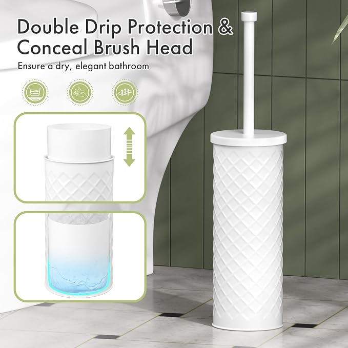 Toilet Bowl Brush and Holder Set 2 Pack with 4 Extra Brush Heads | Extra Long Handle with Splash Guard Cover, Tool-Free Installation, Bathroom Space-Saving, Cleaner Sets for Apartments, RV (White)