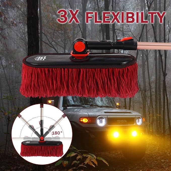 Car Duster Exterior Scratch Free,Car Dust Brush with Extendable Telescoping Handle to Remove Dust Pollen,Duster for Car,Truck,RV and Motorcycle,Large Auto Mop Duster Head, Wax Cotton Hair | Telescoping auto mop traps pollen scratch-free. Red combo with...
