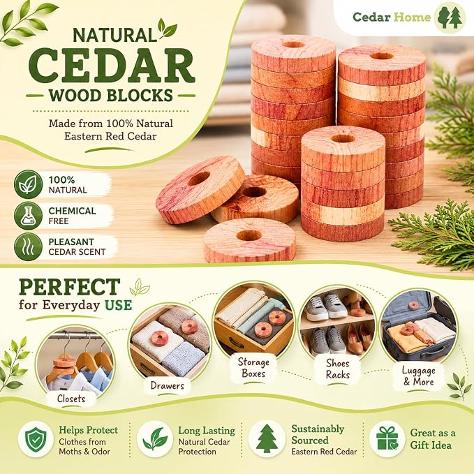 Cedar Blocks for Clothes Storage | Cedar Balls & Rings | Dresser Drawer Freshener Odor Eliminator | 40 Pieces, 30 Rings & Bonus 10 Balls, U.S.A Seller