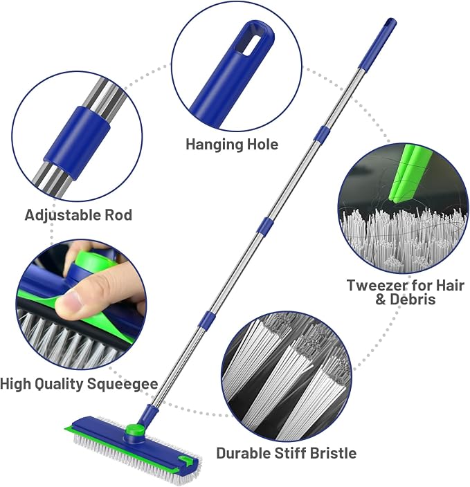 3 in 1 Floor Scrub Brush with Long Handle & Squeegee | Heavy-Duty, Adjustable, 360° Rotating Head for Cleaning Tile Bathroom Deck Kitchen Patio, Blue