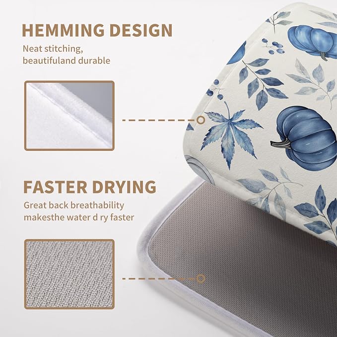 Fall Dish Drying Mat Blue Pumpkin Maple Leaves Drying Mats for Kitchen Counter 16x18 Inch Autumn Thanksgiving Absorbent Microfiber Dish Draining Mat Dishes Pad with Hanging Loop