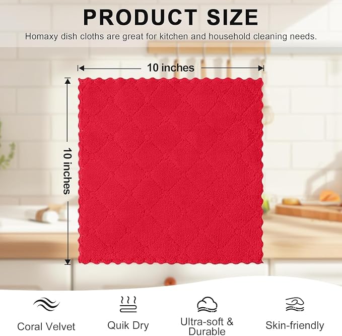 Homaxy 24 Pack Kitchen Dish Cloths (10 x 10 Inches, Red), Super Soft and Absorbent Coral Velvet Dish Towels, Nonstick Oil Fast Drying Microfiber Cleaning Cloth, No Lint Household Dishcloths