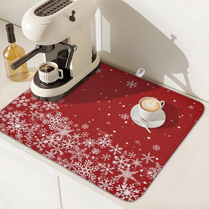 Christmas Dish Drying Mat for Kitchen Counter 16 x 18 Inch Xmas Snowflake Dish Drainer Mat Absorbent Microfiber Red Dish Rack Pad for Holiday Winter Coffee Dining Bar Decor