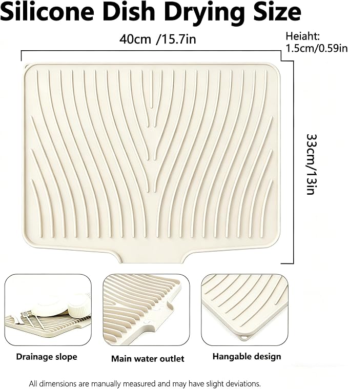 EBIGIC Silicone Dish Drying Mat,15.7"*13"Dish Drying Pad,Kitchen Accessories,with Built-In and Non-Slip Drain,Easy Clean, Fit for Kitchen, Bar, RV, Refrigerator and Drawer Liner, Off White