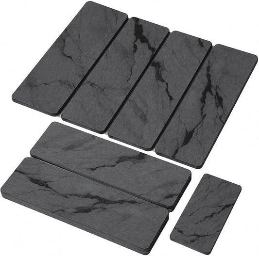 Small Stone Dish Drying Mat for Kitchen Counter, 2 PCS 16"×12" & 8"x4" Quick Dry Stone Mats, Foldable Water Absorbing Diatomite Drying Dish Pad for Countertop Bottles Utensils Cups(Dark Gray Ink)