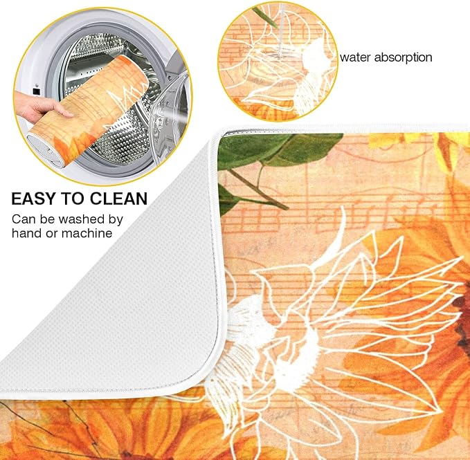 Super Absorbent Dish Drying Mat, Microfiber Fast-Drying Dish Mat, 24" x 18", Kitchen Dish Drying Pad, Watercolor Sunflowers