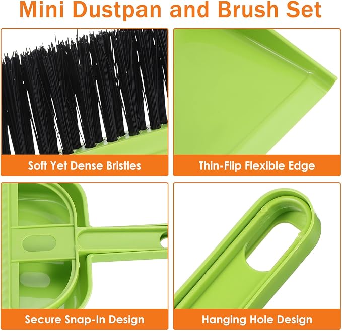 SEWACC 6 Sets Mini Broom and Dustpan Set, Small Brush and Shovel Combination for Desktop Cleaning, Home Office Use, Green Plastic