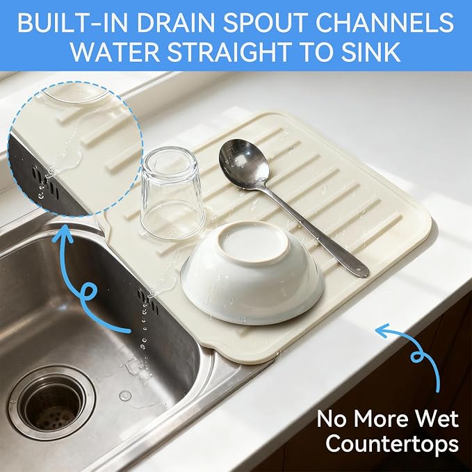 Silicone Dish Drying Mat, Drainage Spout, Extra Thick | Extra Thick 1.1" Silicone Mat , Drainage Spout , Heat Resistant Counter Protector , Sink & Coffee Station Use