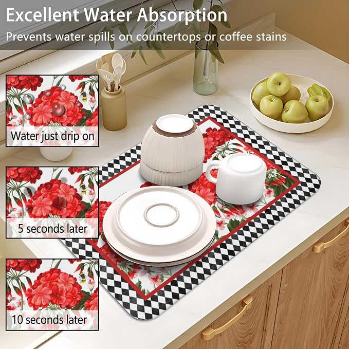 Dish Drying Mat 2-Pack Red Floral Bee Check for Kitchen Counter Dishes | Diatom Mud Mats (18x24, 19.5x12"). Non-slip rubber back for kitchen counter, coffee bar & sink scenes