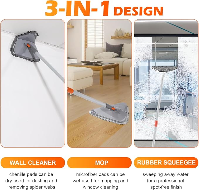 RONSUNG Wall Cleaner Mop, 82-Inch Handle, Baseboard Cleaner Tool, 4 Pads | Wall scrubber with long handle, triangle head, squeegee, and 4 pads for walls, ceilings, windows, baseboards, and floors
