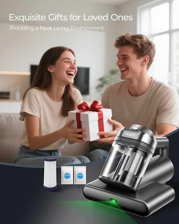 Teant Bed Mattress Vacuum, 18 kPa & Green Light Dust Detection, MV-Grey | 2-Speed Bed Vacuum Cleaner with 253.7nm UV-C & Ultrasonic, LED Display, 149℉ Heat, HEPA, Aroma & Anion for Bed Sofa Pet Hair