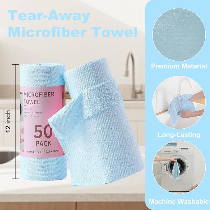 Jessy Home 2 Roll Reusable Paper Towels,100 Sheets Tear Away Microfiber Cleaning Cloth, Lint Free Cleaning Rags for Kitchen, Dishcloth,Household Cleaning Supplies