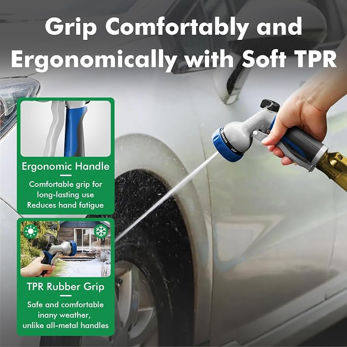 RESTMO Garden Hose Nozzle, Heavy Duty Metal Water Hose Nozzle with 7 Adjustable Spray Patterns, High Pressure Hand Sprayer with Flow Control, Best for Watering Plant & Lawn, Washing Car & Pet, Blue