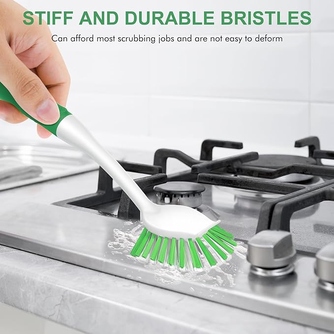 SetSail Dish Brush with Handle, 3 Pack Stiff Bristles Dish Scrubber with Built-in Scraper Dish Scrub Brushes for Cleaning Dishes, Pots and Pans, Kitchen Sink, Green