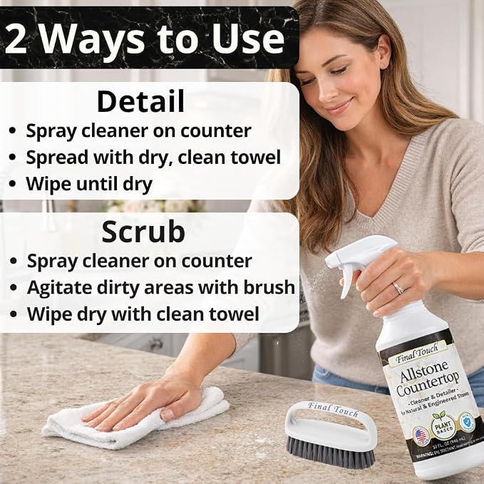 Final Touch AllStone Countertop Cleaner – Plant-Based Stone Safe Cleaning Spray with Scrub Brush – Daily Use Cleaner for Granite, Quartz, Marble, Kitchen Counters – Streak-Free Detail Clean