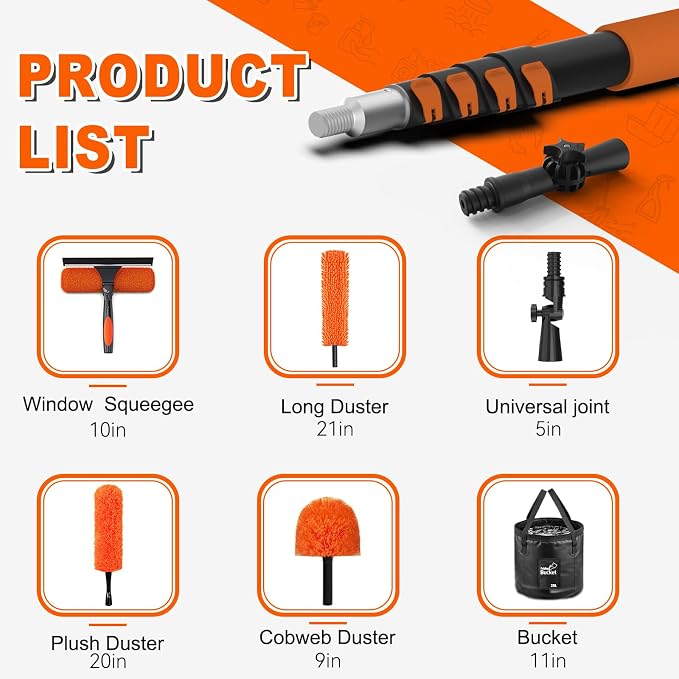 SISUPASSIE 20FT Reach High Ceiling Duster Kit, Window Cleaning kit with 3-12FT Extension Pole, Fan Duster for Ceiling Fan Blades, Microfiber Feather Duster, Window Squeegee, Bucket and Cobweb Duster