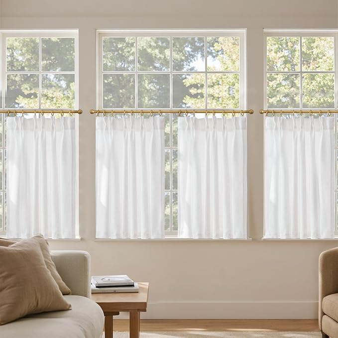 jinchan Pinch Pleated Linen Back Tab Tier Curtains, 26x36, 4 Panels, White | Light filtering,rod pocket,small window treatment,cafe curtains,machine washable,farmhouse,kitchen,bathrooms,laundry