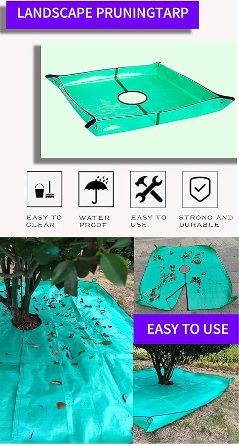 78.7" x 78.7" Landscape Pruning Tarp for Trimming, Waterproof Bush Trimming Tarps Shrub Trimmings Catcher, 12 Inch Hole, Stand Up Fasten Around Trees