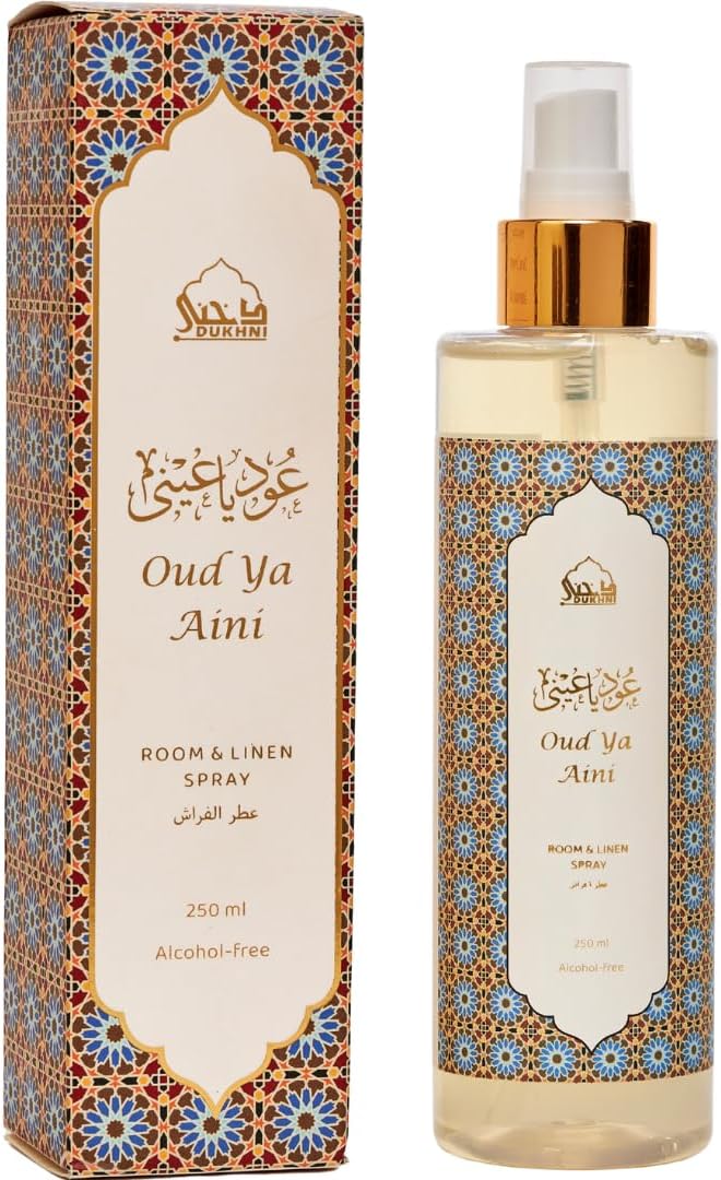 Oud Ya Aini Saffron Spray by Dukhni | 250ml Arabic Oud Air Freshener | Saffron & Oud Linen Spray for Home, Prayer Mats, Bed, Sofa, Living Room, Curtain, Car | Room Freshener, Odour Eliminator