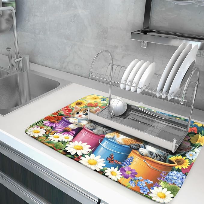 Lovely Cat Drying Mat for Kitchen Counter Colorful Flower Absorbent Coffee Bar Mat 18 X 24