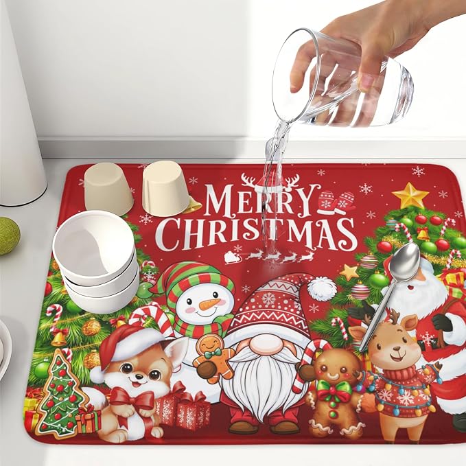 Merry Christmas Dish Drying Mat for Kitchen Counter 18x24 Inch | Xmas Theme Snowman Santa Claus Trees Pattern Dish Drainer Mat Rustic Holiday Absorbent Washable Drying Pad