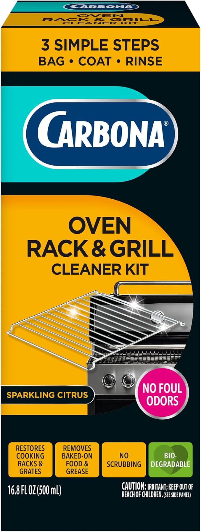 Carbona Oven Rack & Grill Cleaner Kit, Includes Bag & Gloves, Eliminates Thick Grease, Grime & Baked-On Food, Unscented Formula, No Scrubbing Required