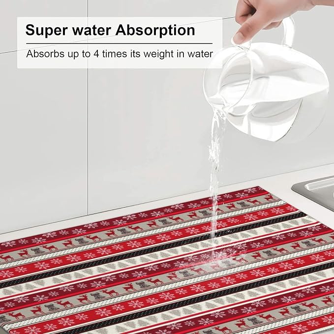 Christmas Dish Drying Mat for Kitchen Counter Cute Kitchen Christmas Dish Mat Microfiber Kitchen Countertop Absorbent Reversible Drainer Rack Pad