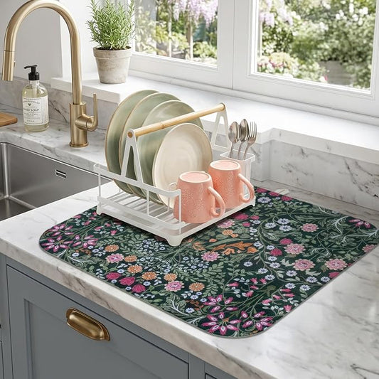 Boho Dish Drying Mat for Kitchen Counter,Botanical Floral Dark Green Farmhouse Absorbent Microfiber Reusable Washable Non-Slip Dish Drainer Draining Mats Dishes Pad for Kitchen Decor 18x16 Inch
