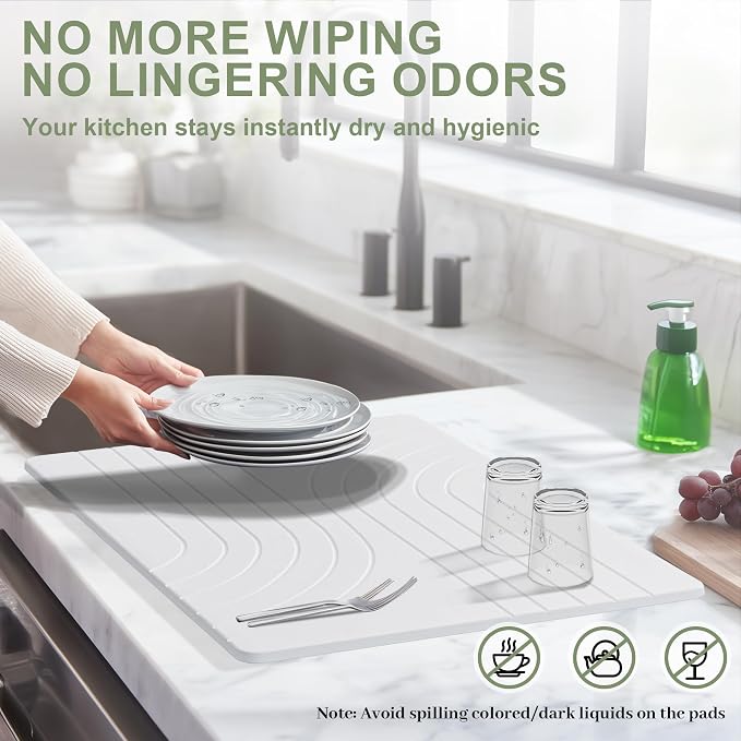 Large Stone Drying Mat for Kitchen Counter, 24" × 16" Diatomite Dish Drying Mat, Quick Dry Stone Mats, Ultra Absorbent Natural Diatomaceous Earth Mats for Dished, Bottles, White