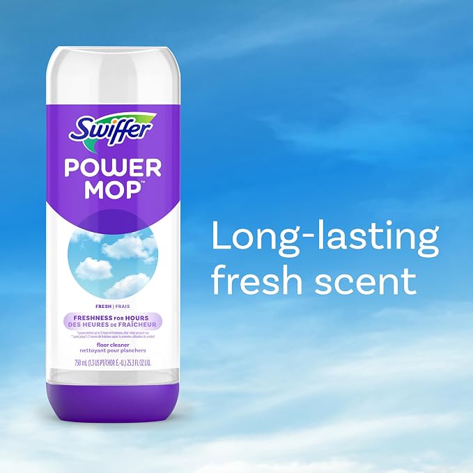 Swiffer PowerMop Liquid Floor Cleaner Refills, Solution for Power Mop, Fresh Scent, 2 Count Mopping Fluid Replacement Bottle, Spray Mops Cleaning Juice, No Bucket Needed, Multi-Surface and Wood